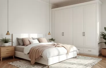 Белая спальня с белым шкафом и кроватью идеи расстановки